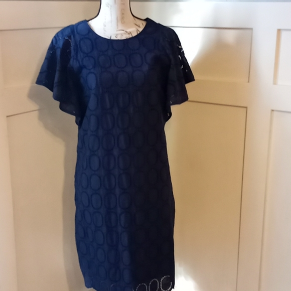 JCrew Navy Eyelet Dress With Flutter Sleeves & Scalloped Hem Sz 8 - Picture 3 of 5
